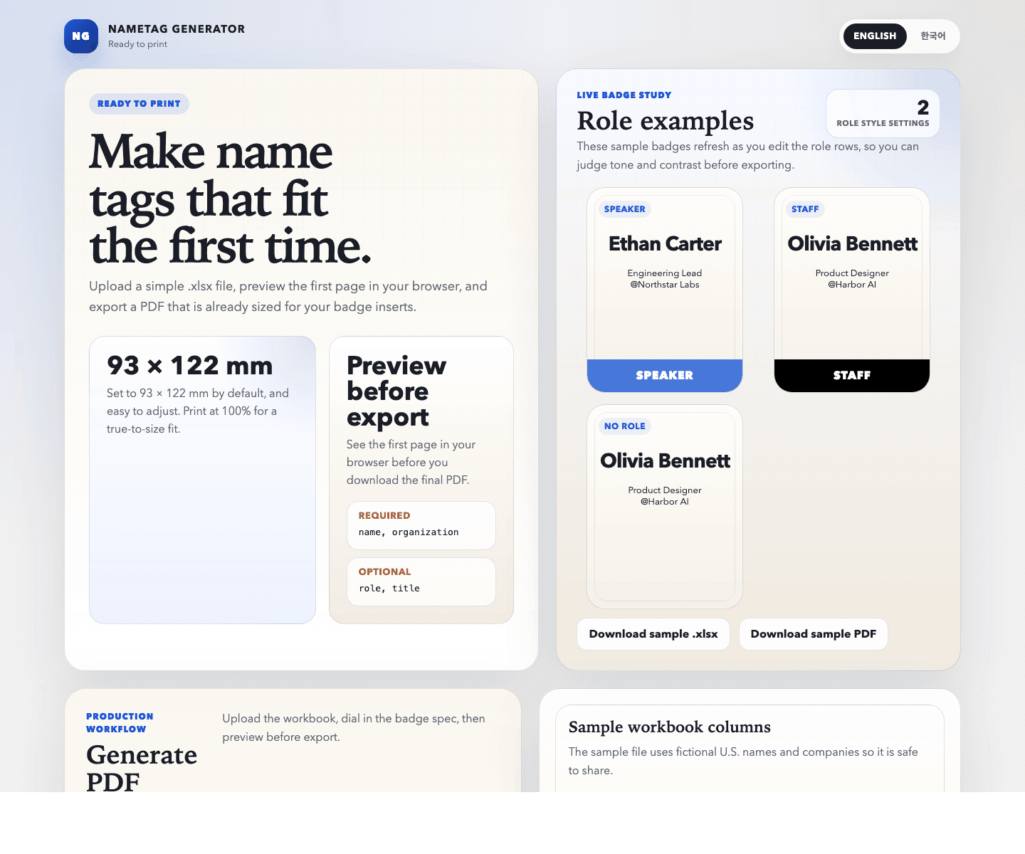 Nametag Generator web app showing event badge previews and PDF generation workflow